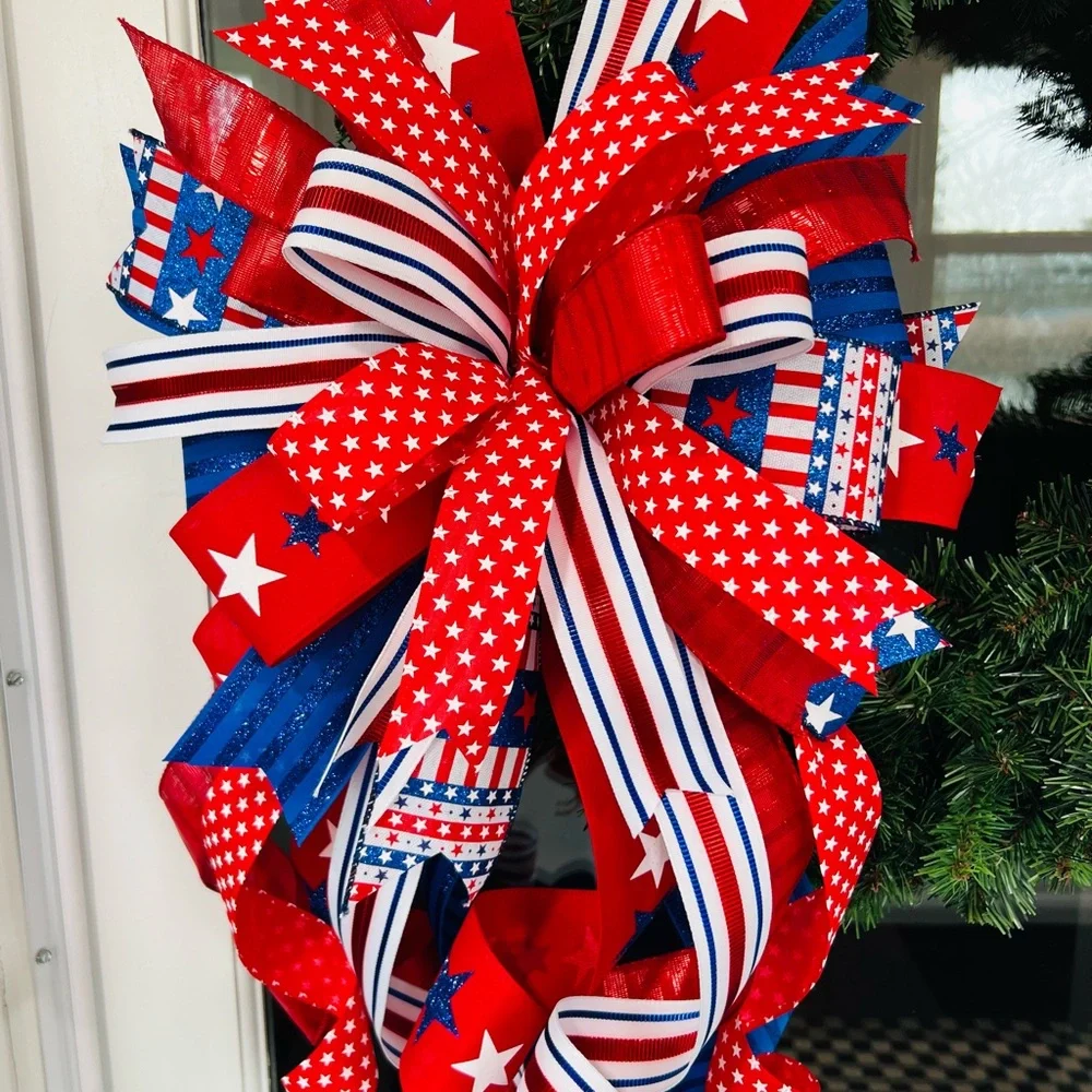 XL Patriotic Red, Navy & White Ribbon Bow Wreath Accent Handmade